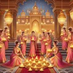 a group of women dressed in pink and gold sitting on the floor with lit candles