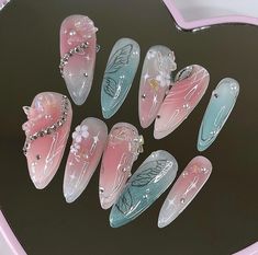 2023 Barbie, Barbie Fairytopia, Airbrush Nails, Gel Nails Diy, Y2k Nails, Really Cute Nails, Nail Idea, Soft Nails, Kawaii Nails