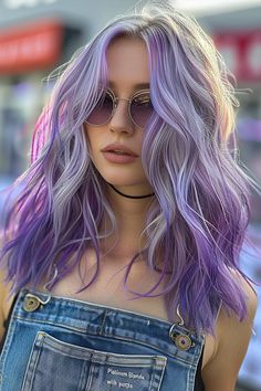 25 Purple Highlights with Different Hair Colors Grey To Purple Hair, Hair Color Ideas Violet, Red And Platinum Hair, Grey And Purple Hair, Black Purple Ombre, Purple Brown Hair, Purple Grey Hair, Purple Hair Highlights