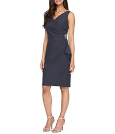 Alex Evenings Surplice V-Neck Sleeveless Ruched Brooch Sheath Dress | Dillard's White Cami Dress, Tea Length Formal Dresses, Black Midi Cocktail Dress, Navy Sequin Dress, Womens Evening Gowns, Chiffon Lace Dress, Quarter Sleeve Dress, Red Evening Dress, Alex Evenings