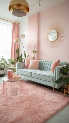 a living room with pink walls and rugs on the floor next to a couch