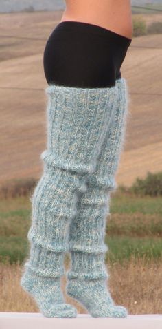 HAND KNITTED STOCKINGS / HUGE  UNISEX  SOCKS ### DESIGNED & CREATED by Giorgio Qualitat ### Product Specification: §  Color:          Cream & Azure melange; §  Style:          Hand knitted ribbed mohair stockings; §  Material:     2 strands premium class longhair mohair;    Size & Measurements: §  Length from heel to upper end: 40.9 " / 104 cm; §  Circumference at the upper end: 16.5 '' / 42 cm §  Length from toe to heel: 11.4 ''  / 29 cm §  Net weight: 527 g* Socks Over Leggings Outfit, Cute Socks Outfit, Socks Over Leggings, Sock Boots Outfit, Aesthetic Socks, Socks Aesthetic, Sock Outfits, Sock Knitting Patterns, Cute Socks