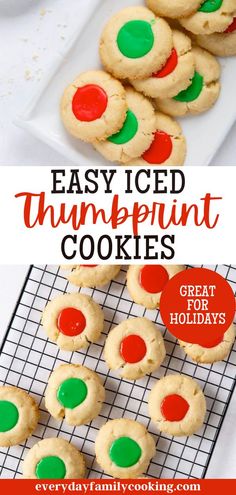 easy iced thumbprint cookies on a cooling rack with red, green and white frosting