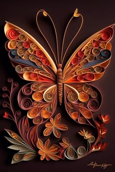 an intricately designed paper butterfly with swirls and leaves