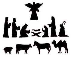 the nativity scene is depicted in black and white, with silhouettes of animals