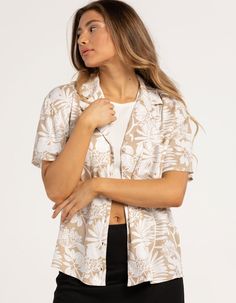 Full Tilt Tropical Floral Boyfriend Shirt. Allover Floral Print. Button Front. Notch Collar. Chest Pocket. Short Sleeve. Side Vents At Hem. Relaxed Fit. 55% Cotton, 45% Rayon. Machine Wash. Imported. Model Is Wearing A Size Medium. Model Measurements:height: 5'7" Bust: 34.5"waist: 27"hips: 38" Tropical Shirt, Tropical Shirts, Full Tilt, Boyfriend Shirt, Notch Collar, Tropical Floral, Notched Collar, Model Measurements, Chest Pocket