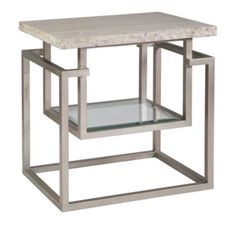 a marble top side table with metal frame and glass shelves on the bottom, against a white background