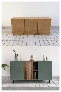 two side by side pictures of a cabinet and bookshelf