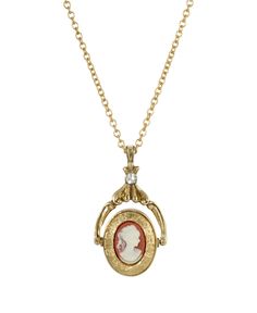 A style popularized by Queen Victoria, this double locket spinner necklace features a simulated carnelian and ivory color cameo set on an etched gold tone frame embellished with a single petite glass crystal for a touch of sparkle. Adds a beautiful vintage like feel to any ensemble. Jo Jo, 1928 Jewelry, Vintage Cameo, Cameo Necklace, Art Characters, Jewel Box, Necklace Online, Queen Victoria, A Style