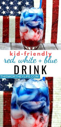 red, white and blue drink with text overlay