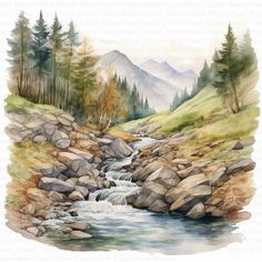 a watercolor painting of a mountain stream