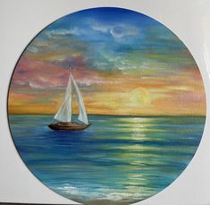 a painting of a sailboat in the ocean at sunset with clouds and sun setting