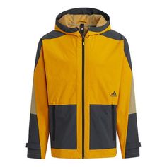 adidas Th Wv Block Jkt Colorblock Hooded Jacket Gold Color H40225 (Men's) Sporty Waterproof Hooded Jacket For Sports, Sporty Waterproof Hooded Track Jacket, Waterproof Sporty Hooded Track Jacket, Waterproof Hooded Sporty Track Jacket, Adidas Logo Track Jacket For Outdoor Activities, Adidas Long Sleeve Track Jacket For Outdoor Activities, Functional Color Block Outerwear For Outdoor, Adidas Track Jacket For Outdoor Activities, Adidas Nylon Track Jacket For Outdoor