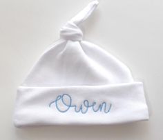 White Knotted Personalized Embroidered Monogrammed Baby Hat | Etsy White Embroidered Hat For Gift, White Cotton Bonnet As A Gift, White Cotton Bonnet As Gift, White Personalized Cotton Hat, Personalized White Cotton Hat, Baby Baker, Preemie Hats, Newborn Hospital Hats, Micro Preemie