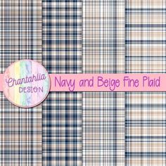 a plaid fabric with the words, virginia design navy and beige fine plaid on it