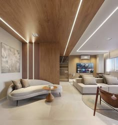 a modern living room with wood paneling and white furniture