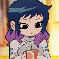 an anime character with blue hair holding a coffee cup in her hand and looking at the camera