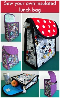 the instructions for how to sew an insulated lunch bag with mickey mouse fabric