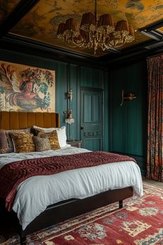 a large bed sitting under a chandelier next to a painting on the wall