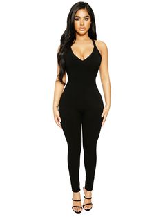 Ribbed Knitted Sexy Solid Color Halter Sleeveless Mid Waist Bodycon Fitness Womens Jumpsuit Black Ribbed Sleeveless Bodysuit, Ribbed Bodysuit For Night Out, Sleeveless Ribbed Bodysuit For Night Out, Sleeveless Bodycon Jumpsuit For Night Out, Stretch Ribbed Jumpsuit For Night Out, Ribbed Tank Top For Party, Bodycon Sleeveless Bodysuit For Night Out, Ribbed Jumpsuits And Rompers For Night Out, Sleeveless High Stretch Romper For Club