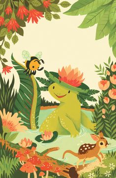 an illustration of a dinosaur in the jungle with other animals and plants around it,