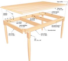 a wooden table with measurements for the top and bottom section, including parts to make it