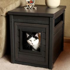 a black and white cat sitting in a dog house on the floor next to a couch