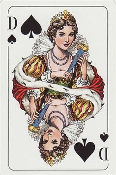 the queen of hearts playing card with two angels on each side and one angel above her head