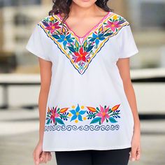 Blusa Bordada TM-77521 Embroidered Blouse Mexican Blouse, Traditional Mexican, Sales Tax, Embroidered Blouse, Extra Large, Cotton Fabric, Handmade Items, Embroidery, For Women