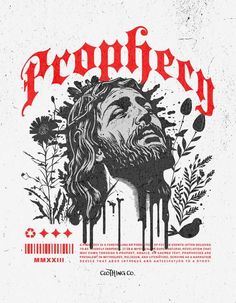 a poster with the face of jesus and flowers in red, black and white colors