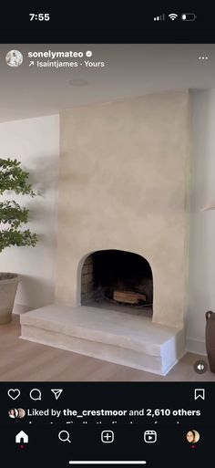 a living room with a fire place and potted plant on the table in front of it