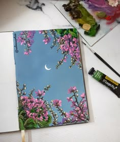 Crescent,  moon,  floral, flowers, night Sky Aesthetic Art Gouache, Fun Acrylic Painting Ideas, Guache Art Gouache Painting Aesthetic, Acrylic Pour Painting Techniques, Unicorn Acrylic Painting, Aesthetic Gouache Art Landscape, Easy Canvas Painting For Beginners, Cherry Blossom Painting Gouache, Dreamy Gouache Painting