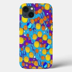 an iphone case with colorful circles and dots in blue, orange, yellow and purple