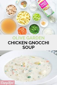 chicken gnocchi soup in a white bowl with ingredients on the side and text overlay reading olive garden chicken gnocchi soup