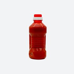 a red plastic bottle with a white cap on the top and bottom, sitting against a white background