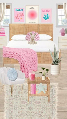 the bedroom is decorated in pink, white and blue colors with an animal on the bed