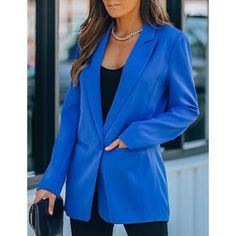 Blue Candy Button Lapel Collar Long Sleeve Blazer Blue Solid Color Blazer For Office, Blue Office Blazer Solid Color, Blue Office Blazer With Solid Color, Blue Solid Color Office Blazer, Trendy Blue Business Casual Blazer, Blue Solid Color Blazer For Work, Trendy Blue Single-breasted Blazer, Blue Solid Color Blazer For Spring, Blue Single Button Blazer For Fall