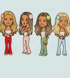 four cartoon girls with different hair styles and clothes, one is pointing to the side