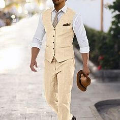 Kaki hommes costumes de mariage couleur unie 3 pièces affaires quotidiennes grande taille simple boutonnage deux boutons 2024 de 2024 ? €138.99 Pant Length, Casual Suit, Home Wedding, Wedding Men, Single Breasted, Season Spring, Linen Blend