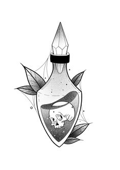 an ink drawing of a bottle with leaves and skulls on it's bottom half