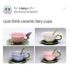 four different cups and saucers with flowers in them