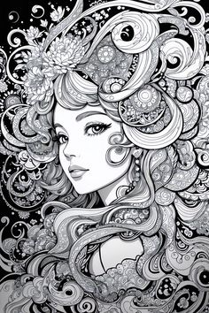 a drawing of a woman with long hair and flowers on her head, in black and white