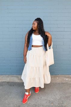 Folklore Tiered Maxi Skirt This skirt fits true to size Elastic waistband Luxe, tiered, fabric 100% cotton 1X: 12-16, 2X: 18-20, 3X: 20-24 Kaylynn and Felicia are wearing the 2X Make a statement with our Folklore Tiered Maxi Skirt! This trendy plus size skirt features a boho tiered design, perfect for curvy figures. Get the stylish look of a midi skirt with a fun, whimsical twist. Add some folklore charm to your wardrobe today! C3.4 Tiered Skirt Outfit, Job Interview Outfit, Crochet Maxi Skirt, Plus Size Skirt, Maxi Jumpsuit, Tiered Maxi Skirt, Skirt Fits, Hipster Fashion, Plus Size Skirts