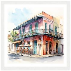 a watercolor painting of a building with tables and umbrellas