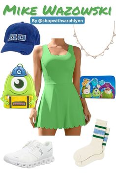 Disney bound outfit inspired by Mike Wazowski from Monsters Inc & Monsters University 💚#disney #disneybound #disneybounding #fashion #monstersuniversity #disneyland #disneyworld #ootd #mikewazowski  #monstersinc #disneyparks Mike And Sully Disneybound, Athletic Dress Disney Outfit, Mike Wazowski Disneybound, Buzz Disneybound, Tigger Disneybound, Monsters Inc Outfit