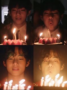 four pictures of young boys with candles in their mouths, and one boy looking at the camera