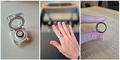 three different views of a person's hand holding an open ring