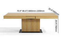 a table with measurements for the top and bottom section, including an extension to one end