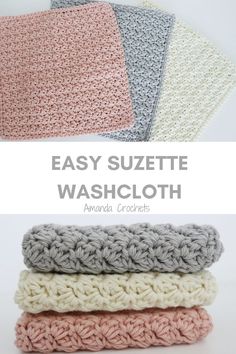 four crocheted washcloths with the text easy suzete washcloth