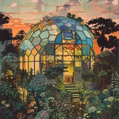 a painting of a glass house in the middle of a garden with stairs leading up to it